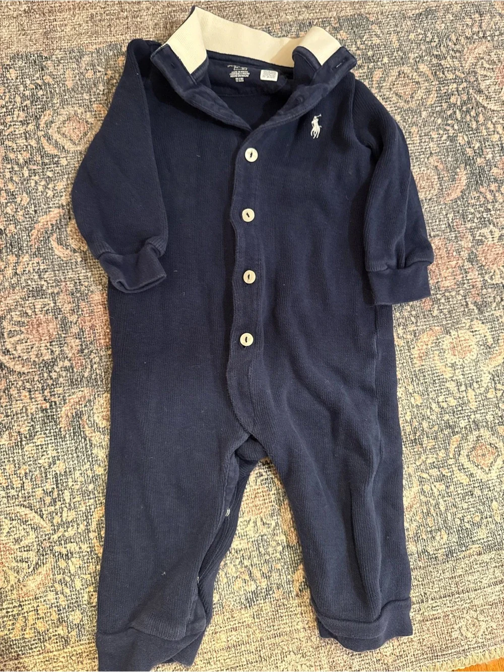 Ralph Lauren Baby Boys Navy Blue Polo Romper Coverall 9 Month Cream Collar
